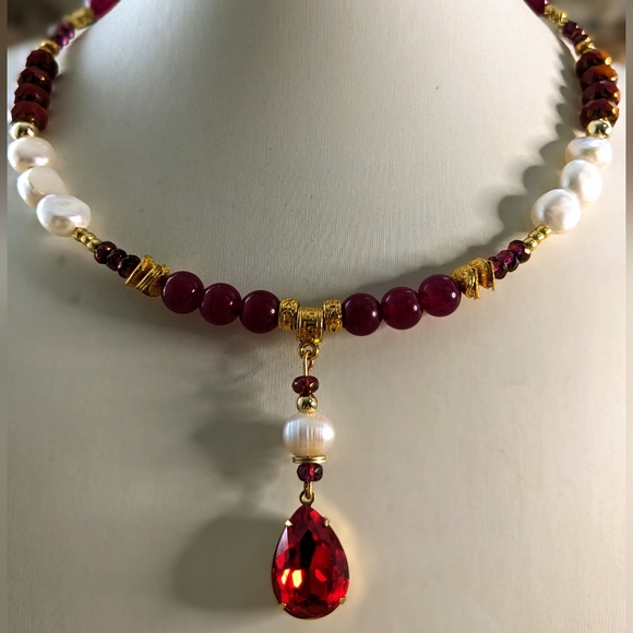 Red Rose Jade & Czech Picasso Beads And Pearl W/ Swarovski Pendant Necklace - Picture 4 of 10